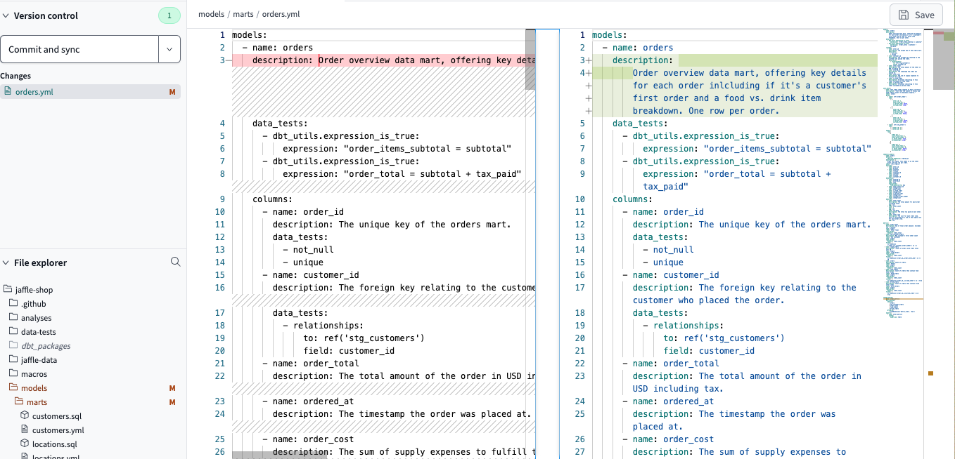 The Git Diff View displays the previous version on the left and the changes made on the right of the Editor The Git Diff View displays the previous version on the left and the changes made on the right of the Editor